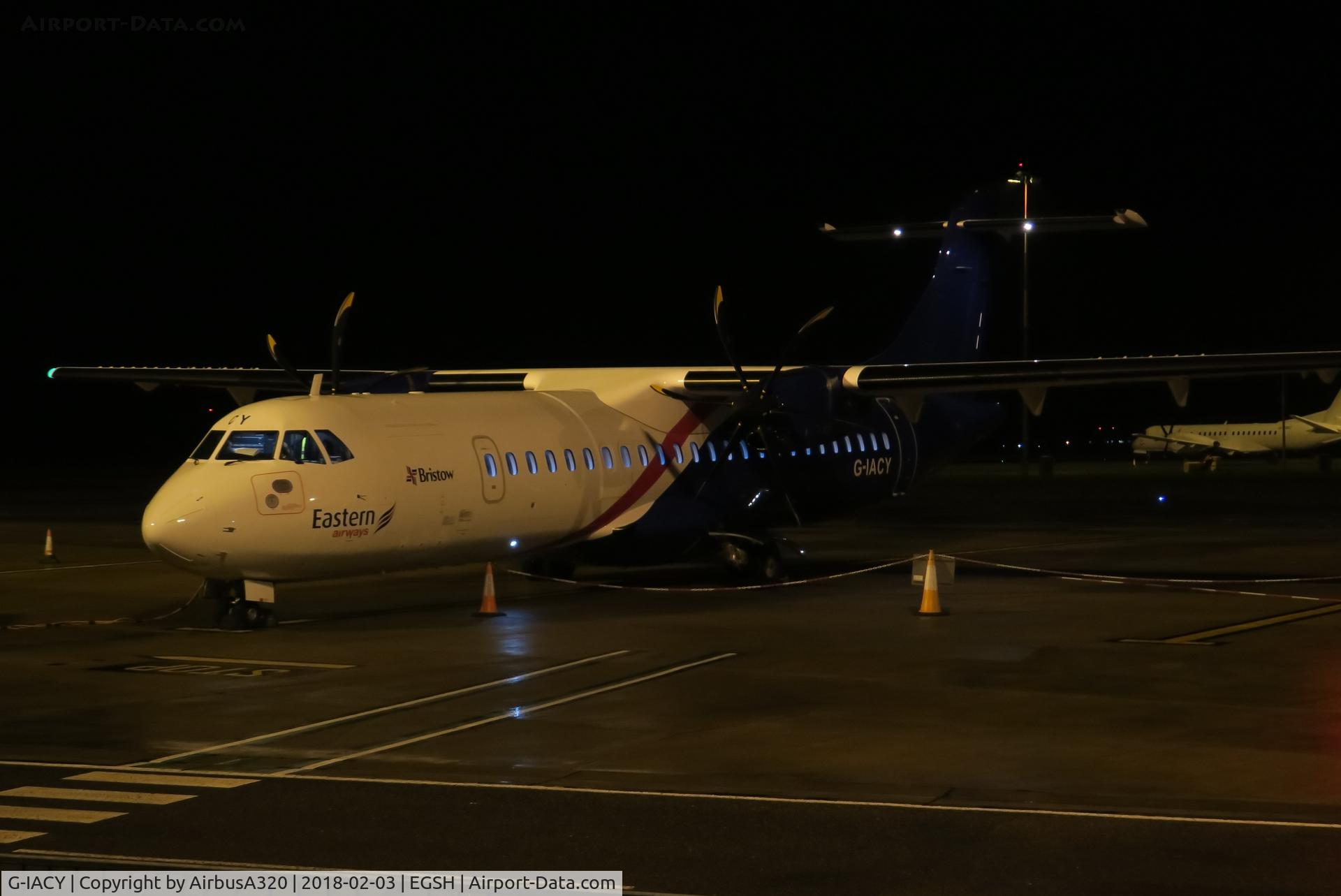 G-IACY, 2017 ATR 72-212 C/N 1448, Seen on stand nice chilly night at Norwich awaiting to take Midlesborough Team home after a match with Norwich