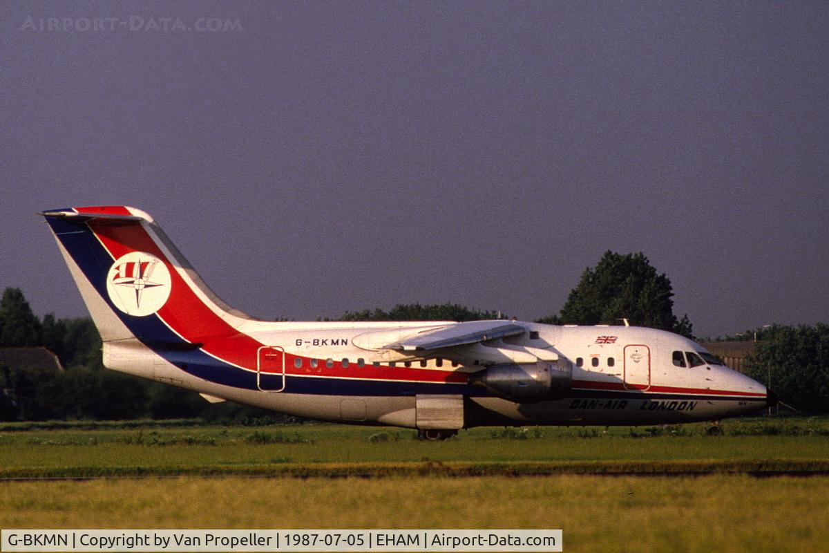G-BKMN, 1983 British Aerospace BAe.146-100 C/N E1006, Dan-Air London British Aerospace BAe146-100 taxiing at Schiphol airport, the Netherlands, 1987