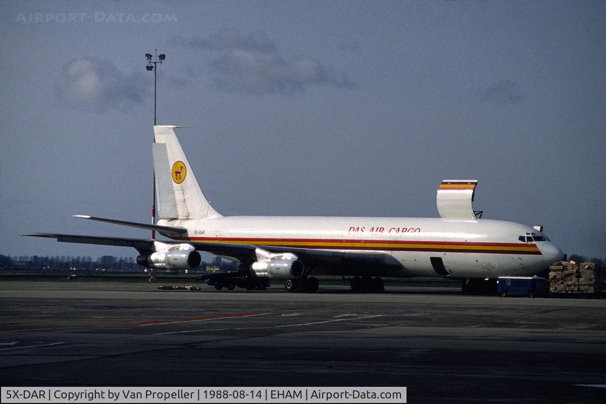 5X-DAR, 1964 Boeing 707-321C C/N 18825, DAS Air Cargo Boeing 707-321C on the platform of Schiphol-Oost, the Netherlands, 1988