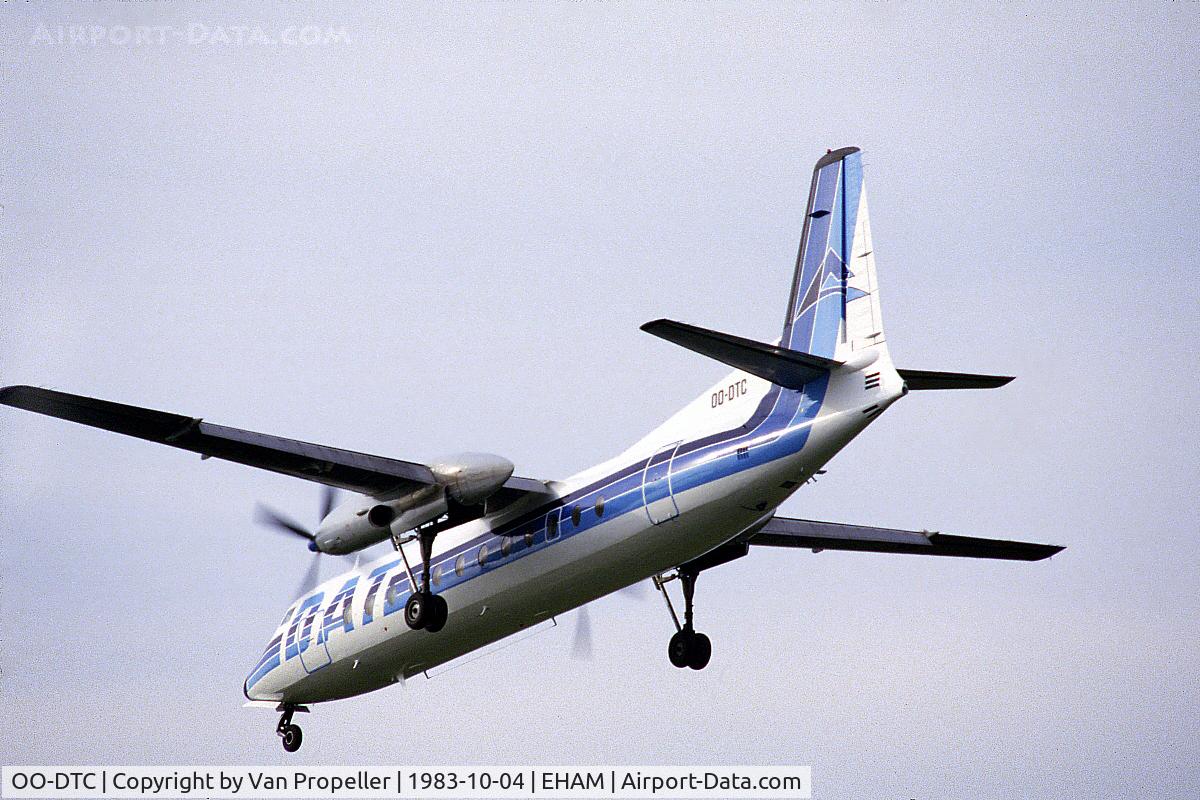 OO-DTC, 1967 Fairchild Hiller FH-227B C/N 559, Delta Air Transport Fairchild Hiller FH-227B Friendship landing at Schiphol airport, the Netherlands, 1983