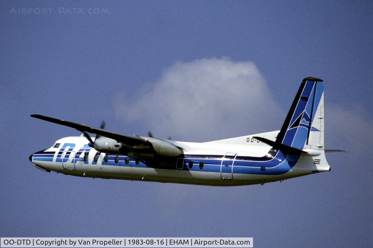 OO-DTD, 1967 Fairchild Hiller FH-227B C/N 555, Delta Air Transport Fairchild Hiller FH-227B Friendship taking off from Schiphol airport, the Netherlands, 1983