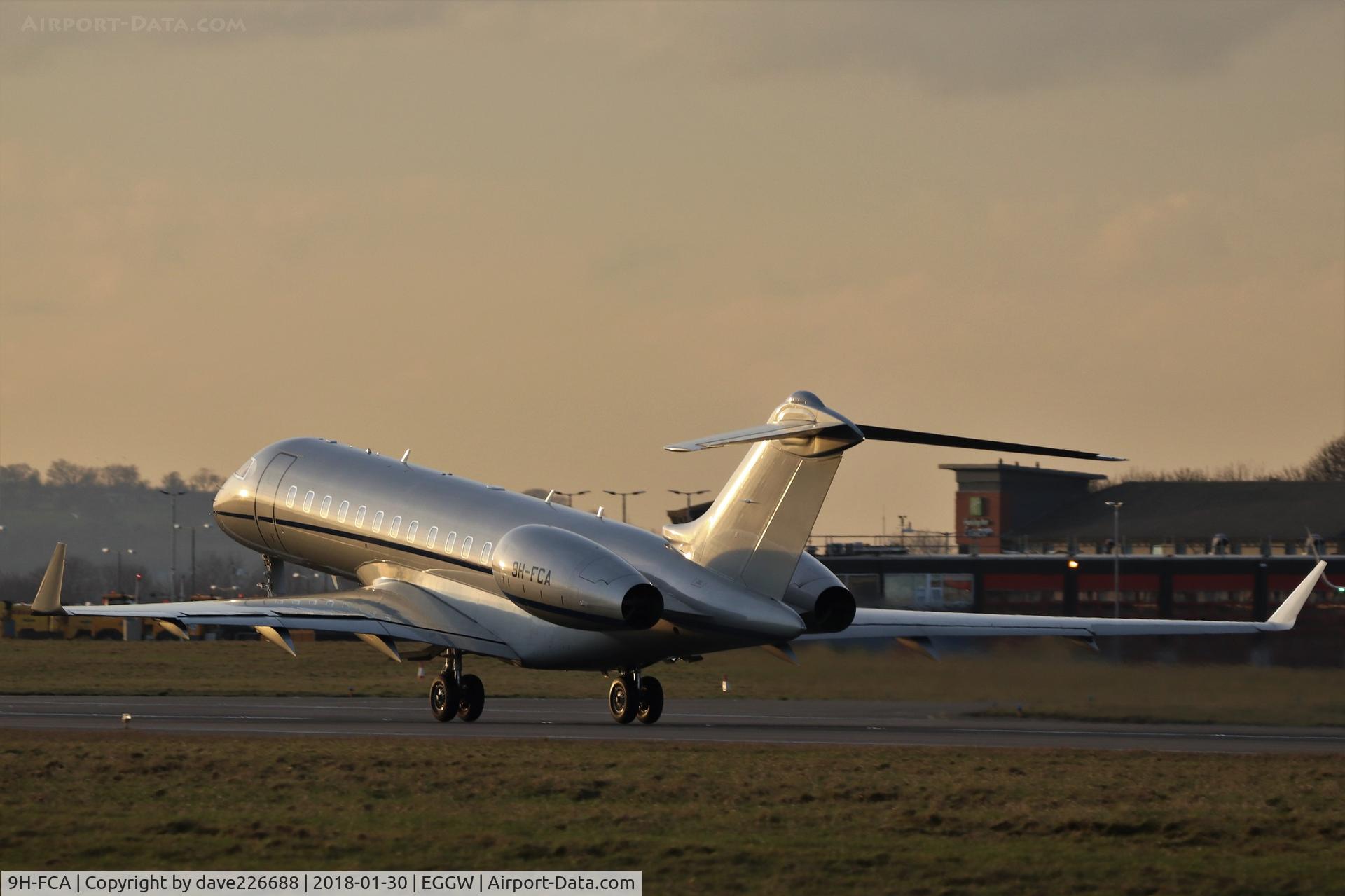 9H-FCA, 2014 Bombardier BD-700-1A10 Global 6000 C/N 9665, Albinati Aeronautics Bombardier BD700 taking of from 26 into the setting sun at London Luton