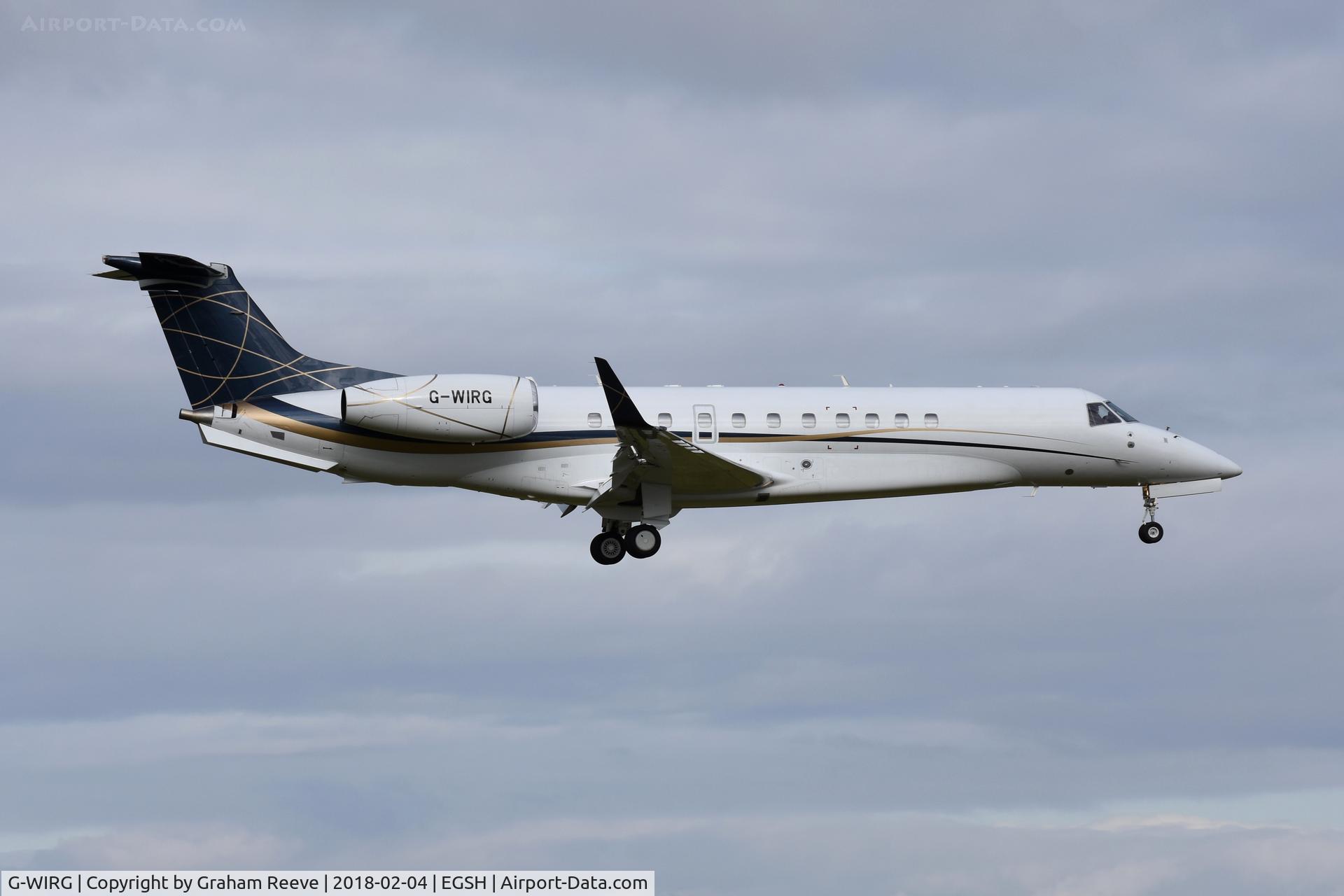 G-WIRG, 2013 Embraer EMB-135BJ Legacy 650 C/N 14501184, Landing at Norwich.