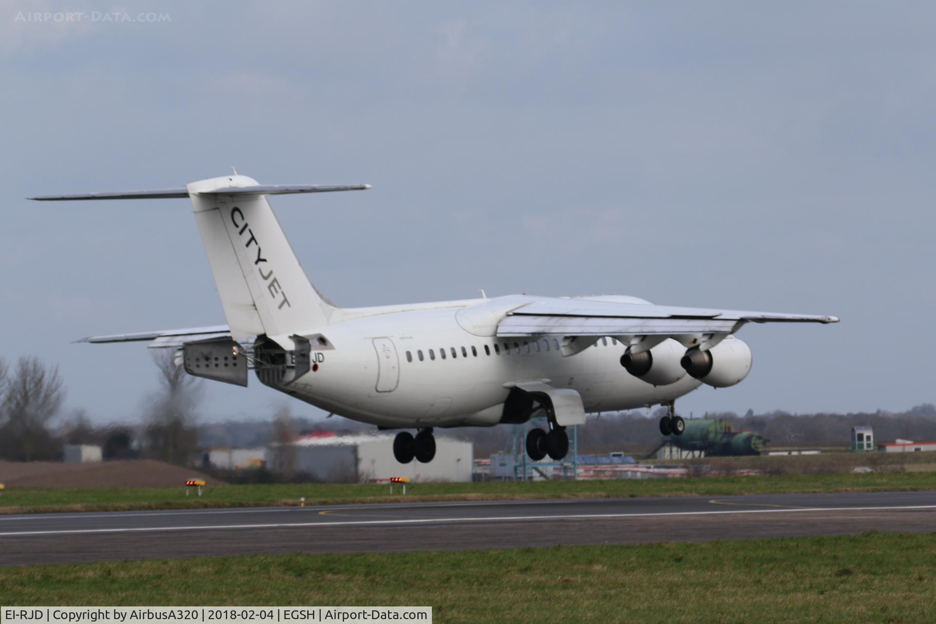EI-RJD, 1998 BAE Systems Avro 146-RJ85 C/N E.2334, Arriving at Norwich for work with KLM