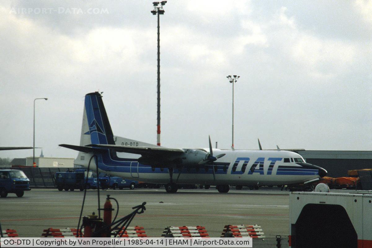 OO-DTD, 1967 Fairchild Hiller FH-227B C/N 555, Delta Air Transport Fairchild Hiller FH-227B Friendship on the platform of Schiphol airport, the Netherlands, 1985