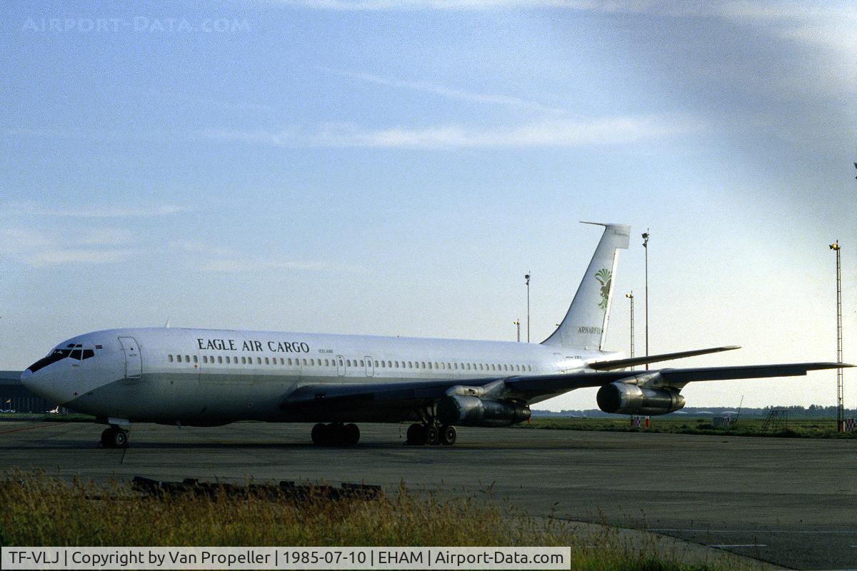 TF-VLJ, 1967 Boeing 707-347C C/N 19351, Eagle Air Cargo Boeing 707-324C freighter on the platform of Schiphol-Oost, the Netherlands, 1985