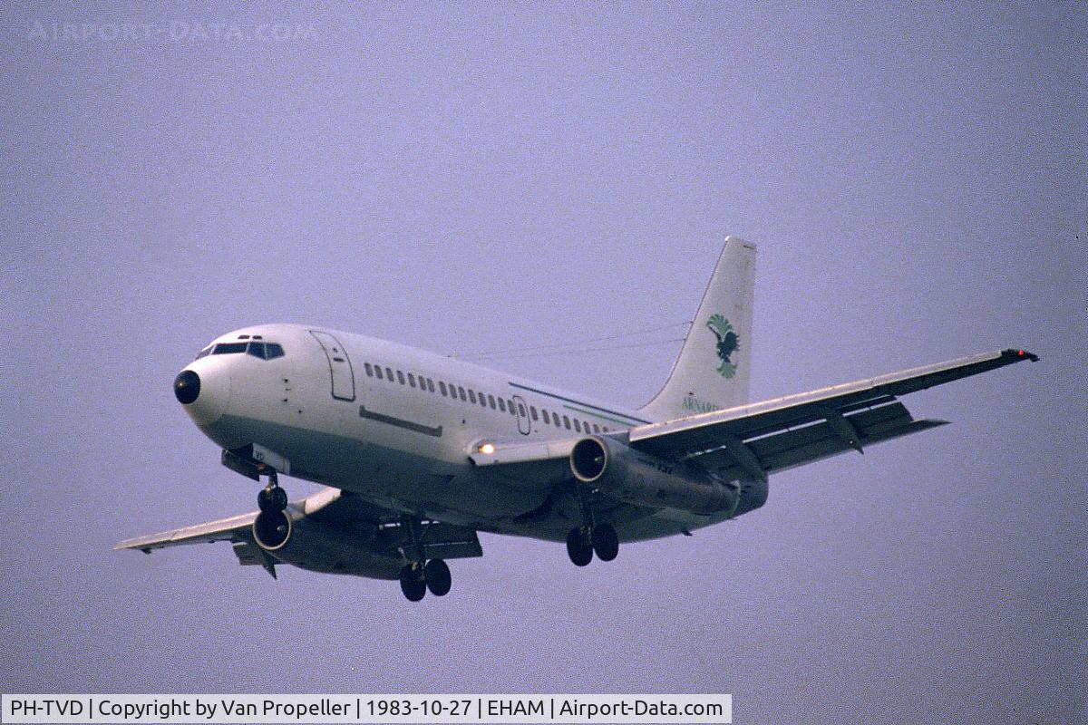 PH-TVD, 1975 Boeing 737-2K2C C/N 20943, Boeing 737-2K2C of Transavia Holland, leased to Eagle Air of Iceland, landing at Schiphol airport, the Netherlands, 1983