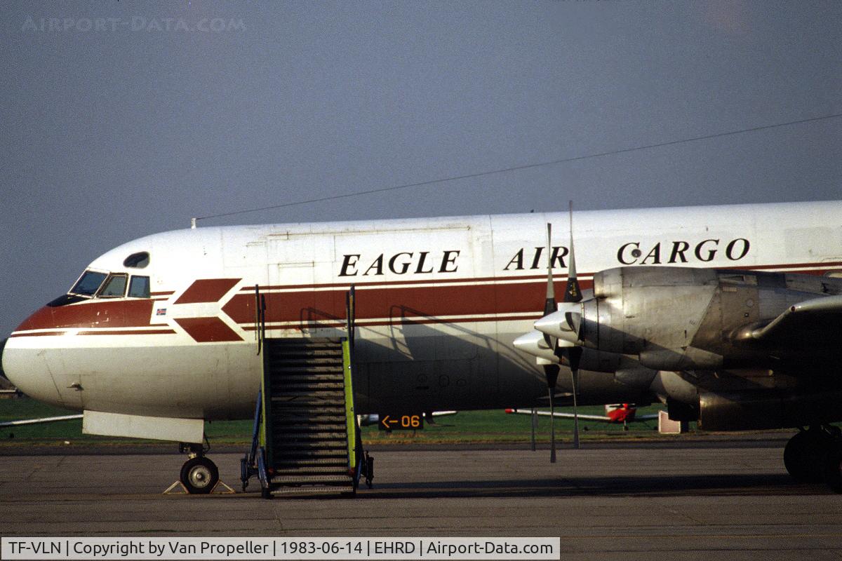 TF-VLN, 1959 Lockheed L-188C(F) Electra C/N 1096, Eagle Air Cargo Lockheed L-188C(F) Electra freighter on the platform of Rotterdam Zestienhoven airport, the Netherlands, 1983
