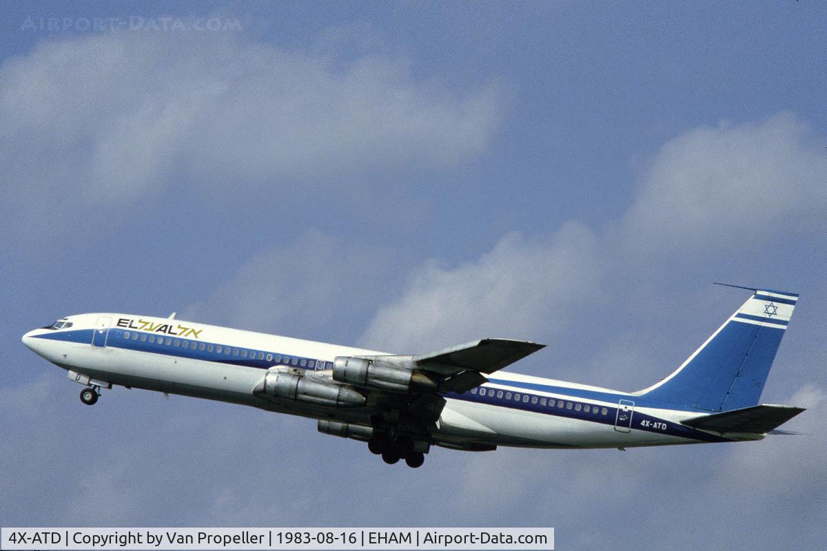 4X-ATD, 1966 Boeing 707-331B C/N 18985, El Al Israel Airlines Boeing 707-331B taking off from Schiphol airport, the netherlands, 1983