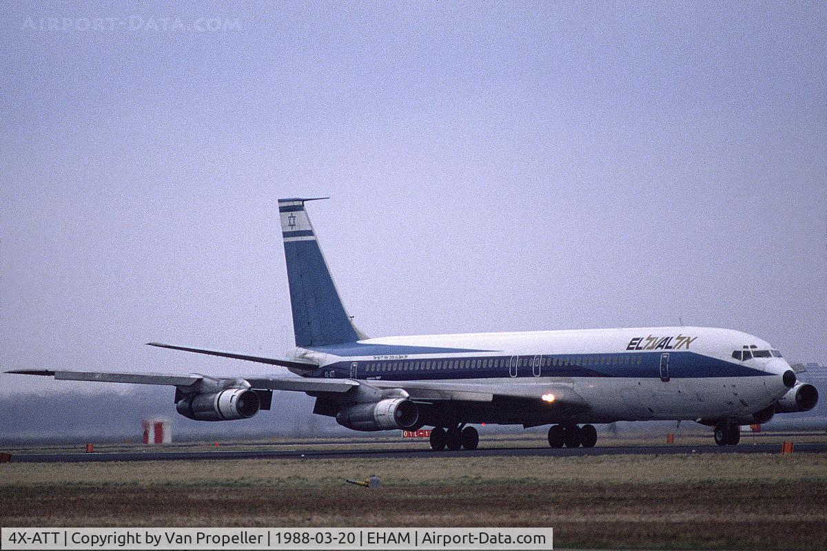 4X-ATT, 1988 Boeing 707-358B C/N 20097, El Al Israel Airlines Boeing 707-358B landing at Schiphol airport, the Netherlands, 1988