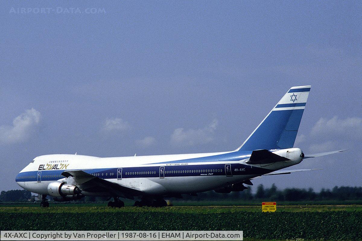 4X-AXC, 1973 Boeing 747-258B C/N 20704, El Al Israel Airlines Boeing 747-258B taking off from Schiphol airport, the Netherlands, 1987
