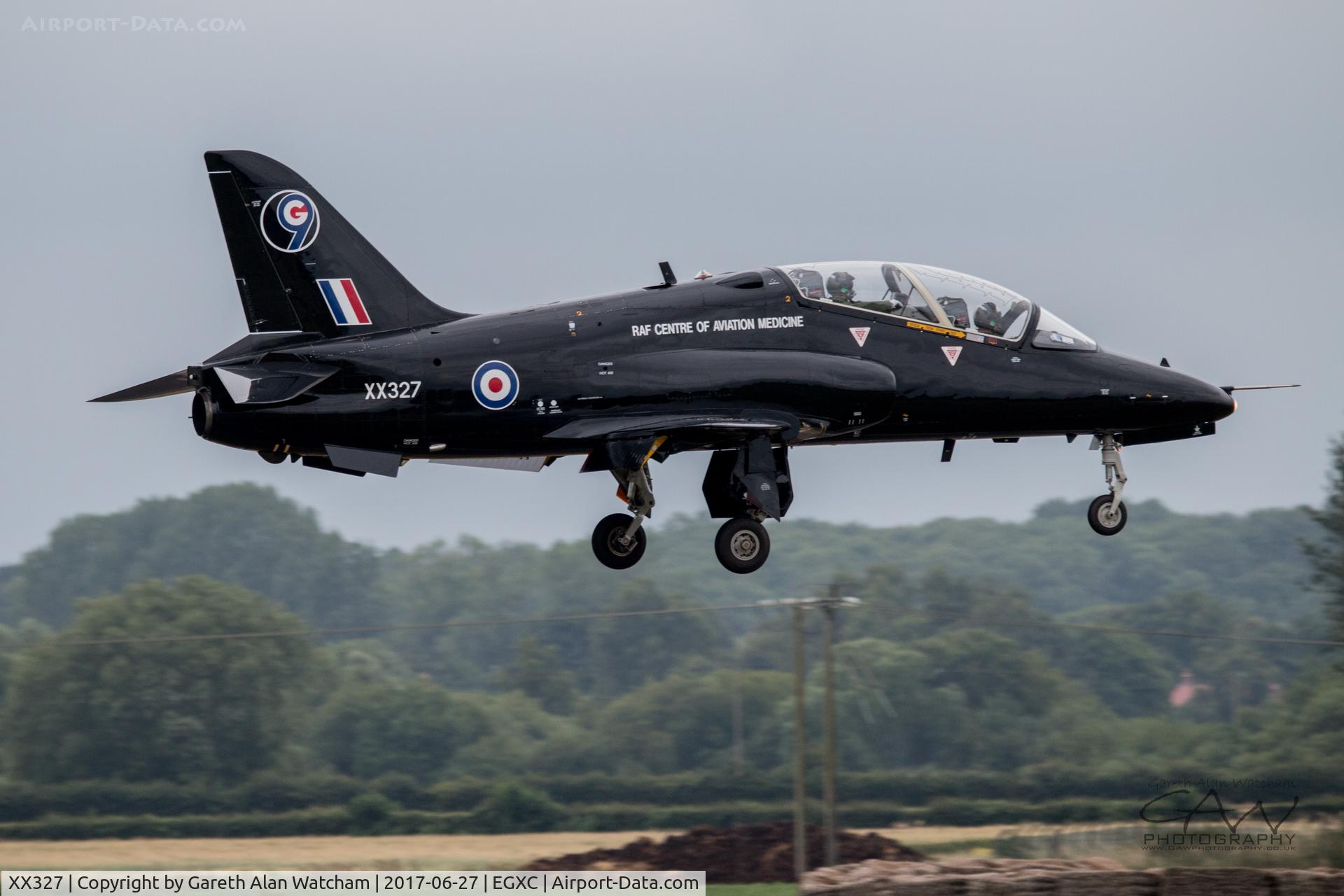 XX327, 1980 Hawker Siddeley Hawk T.1 C/N 172/312152, Centre of Aviation Medicine Hawk landing at RAF Coningsby