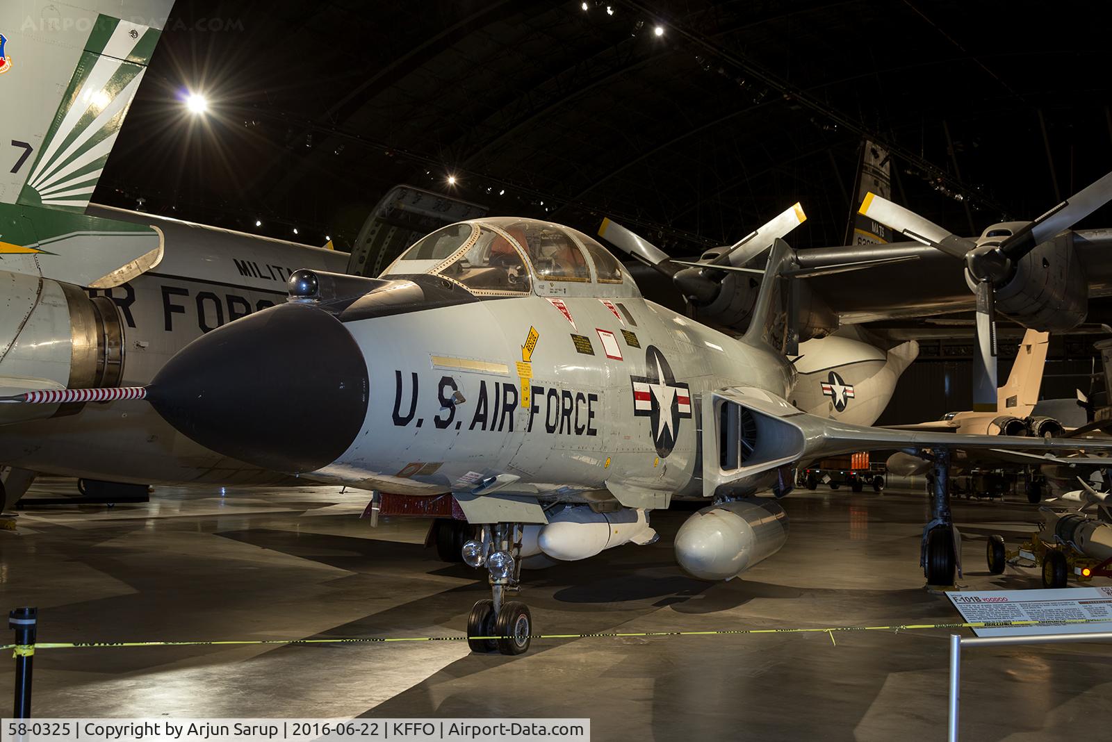 58-0325, 1958 McDonnell F-101B-110-MC Voodoo C/N 697, On display at the National Museum of the U.S. Air Force.  This Voodoo served with the 18th Fighter Interceptor Squadron and with the 142nd Fighter Interceptor Group.  It was flown to the museum in Feb. 1981.