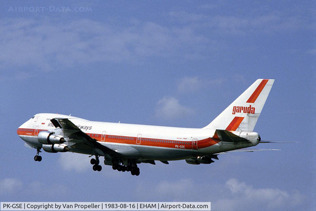 PK-GSE, 1982 Boeing 747-2U3B C/N 22768, Garuda Indonesian Boeing 747-2U3B taking off from Schiphol airport, the Netherlands, 1983