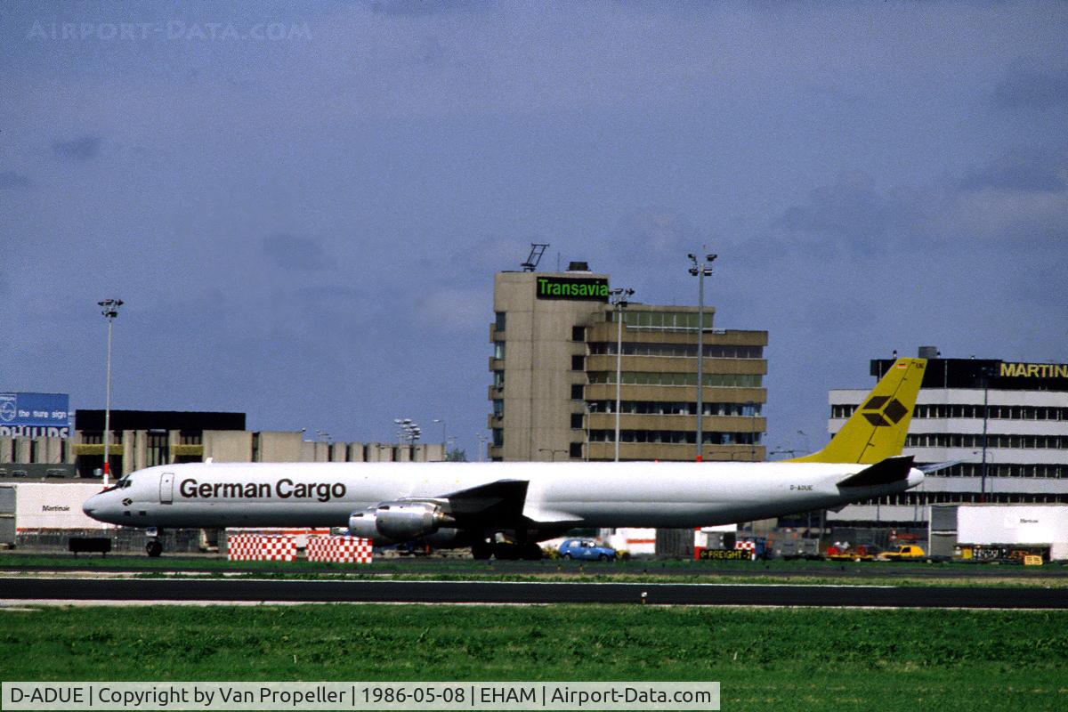 D-ADUE, 1969 Douglas DC-8-73F C/N 46044, German Cargo Douglas DC-8-73AF taxiing at Schiphol airport, the Netherlands, 1986