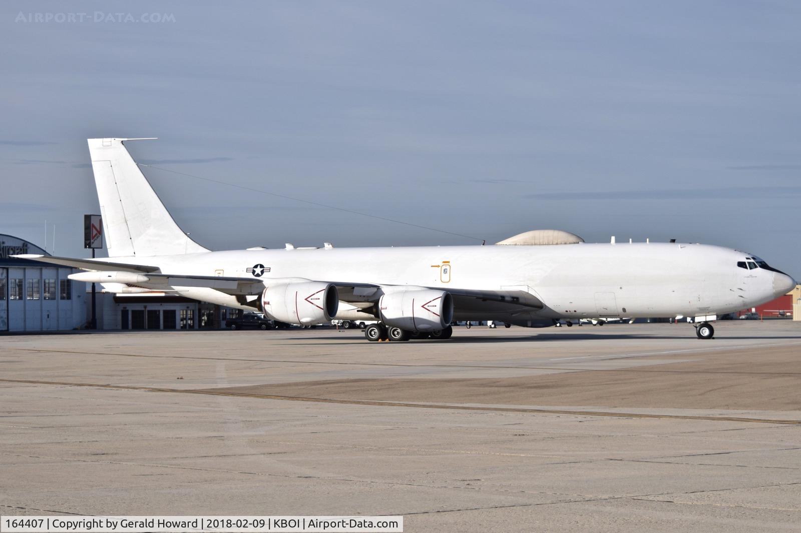 164407, 1990 Boeing E-6B Mercury C/N 24506, Early morning parked on the south GA ramp.  VQ-4, Tinker AFB, OK.