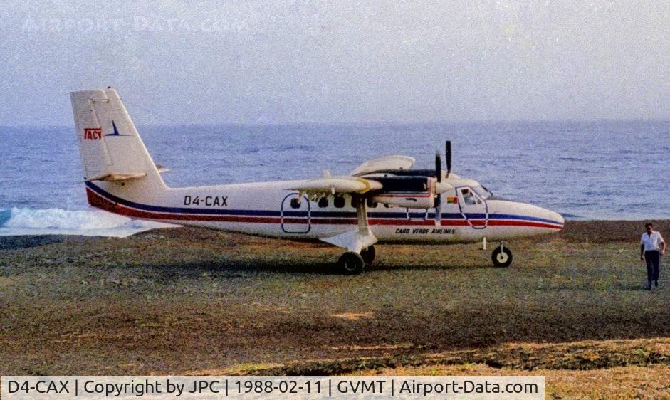 D4-CAX, 1977 De Havilland Canada DHC-6-300 Twin Otter C/N 550, The Island's main Airport, Sao Filipe was on repairs (for over 10 years), so this was the only option. A short dirt runway, they had to scare away the goats before landing.