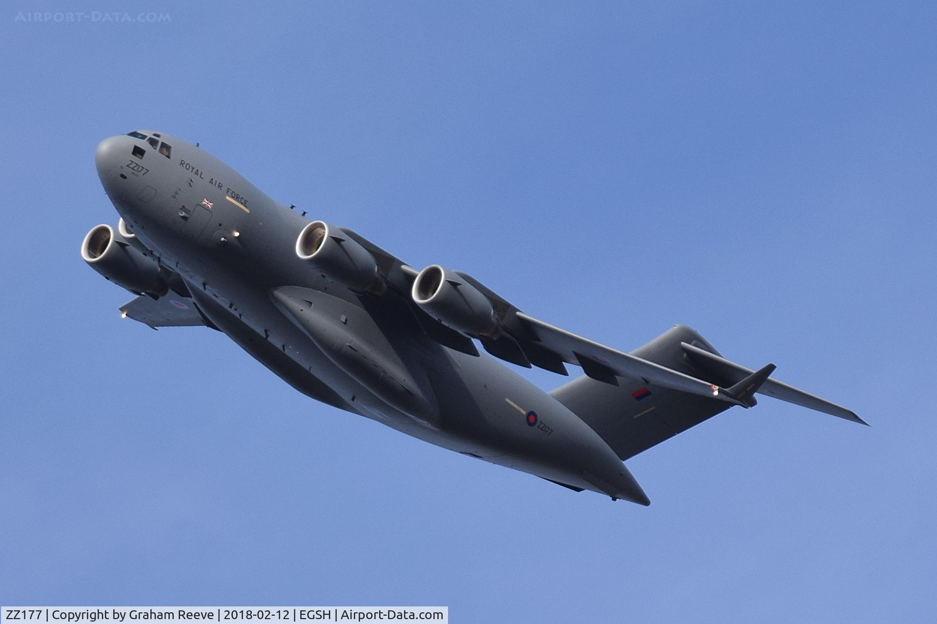 ZZ177, 2010 Boeing C-17A Globemaster III C/N F-227, Departing from Norwich.