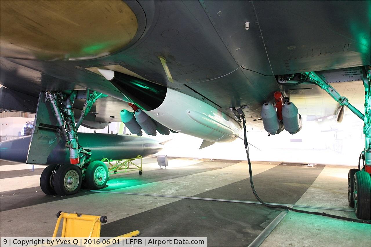 9, Dassault Mirage IVA C/N 9, Dassault Mirage IV A. In foreground, air-dropped nuclear weapon AN-22 and in background, twelve jet-assisted take-off JATO rockets, Air & Space Museum Paris-Le Bourget (LFPB)