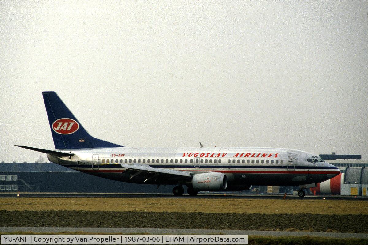 YU-ANF, 1985 Boeing 737-3H9 C/N 23330/1136, JAT Boeing 737-3H9 landing at Schiphol airport, the Netherlands, 1987