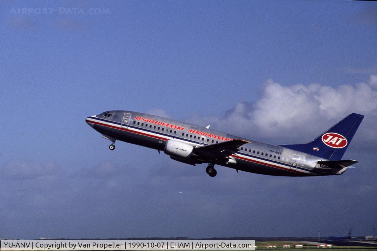 YU-ANV, 1988 Boeing 737-3H9 C/N 24140, JAT Boeing 737-3H9 taking off from Schiphol airport, the Netherlands, 1990