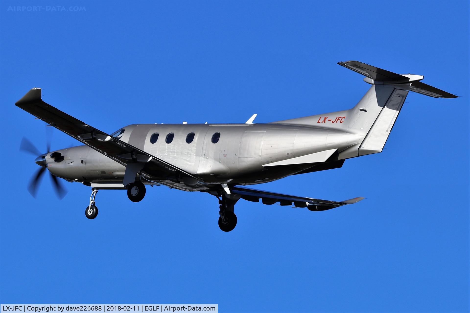 LX-JFC, 2017 Pilatus PC-12/47E C/N 1759, Jetfly's Pilatus PC12 heading out of Farnborough from 24 in the Winter sunshine