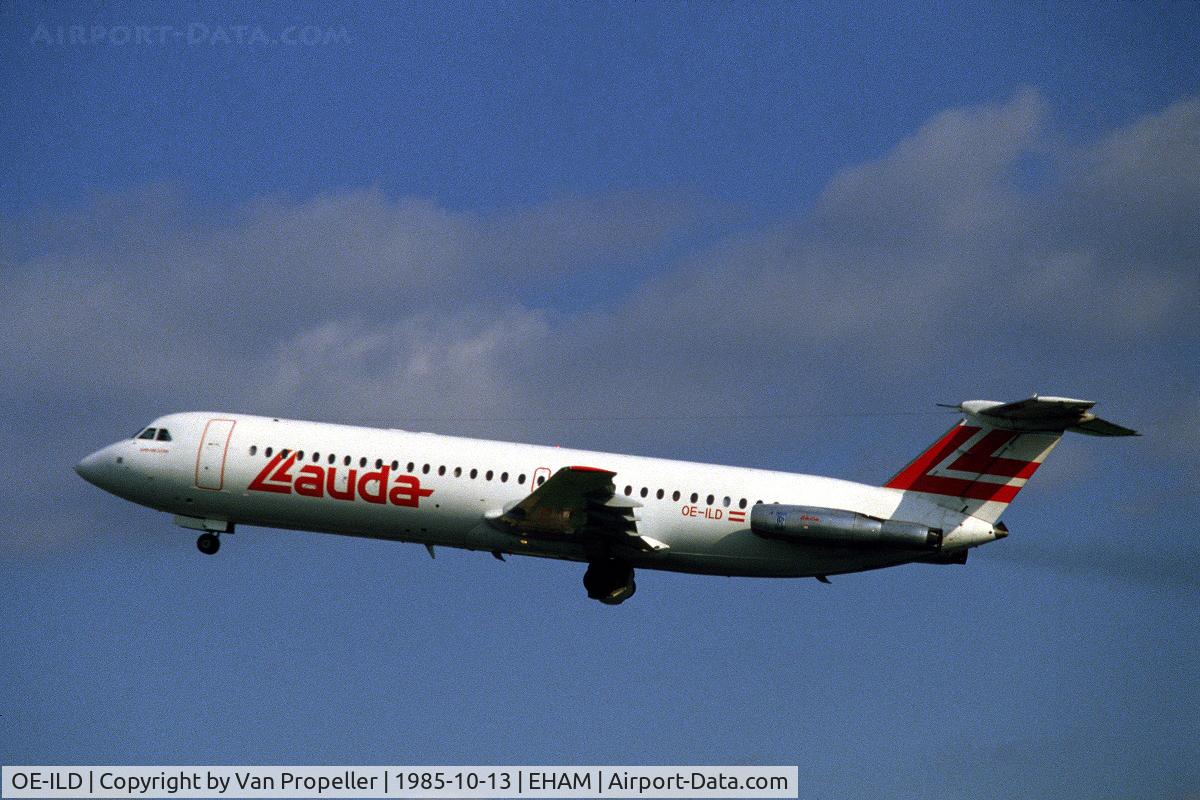 OE-ILD, 1977 BAC 111-525FT One-Eleven C/N BAC.256, Lauda Air BAC One-Eleven 525FT taking off from Schiphol airport, the Netherlands, 1985 (leased from Tarom)