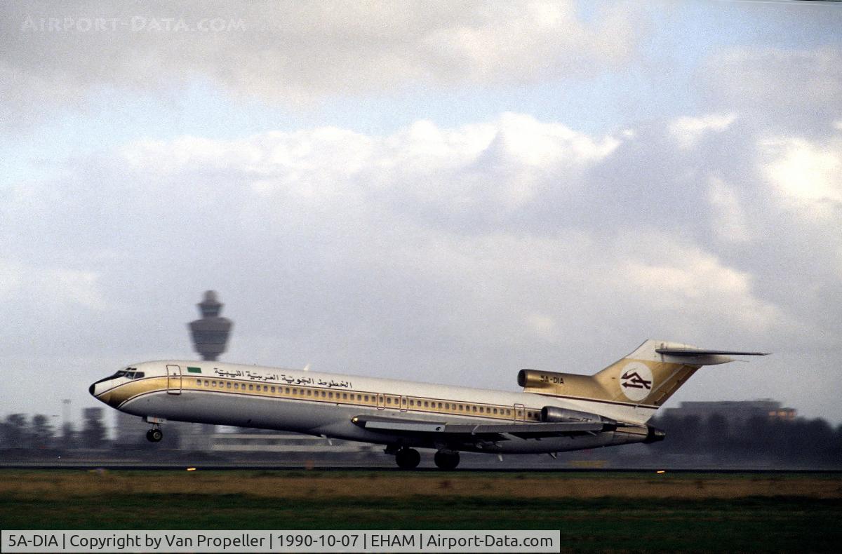 5A-DIA, 1975 Boeing 727-2L5 C/N 21050, Libyan Arab Airways Boeing 727-2L5 taking off from Schiphol airport, the Netherlands, 1990
