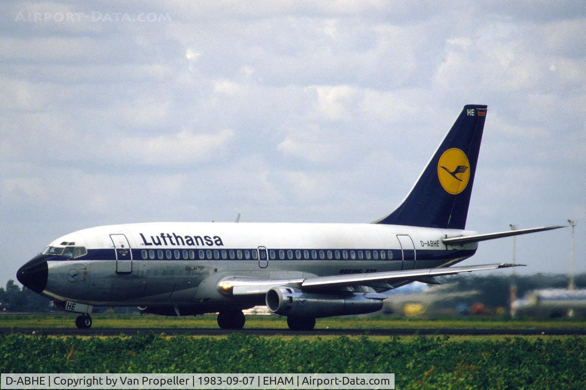 D-ABHE, 1971 Boeing 737-230C C/N 20258, Lufthansa Boeing 737-230C taking off from Schiphol airport, the Netherlands, 1983