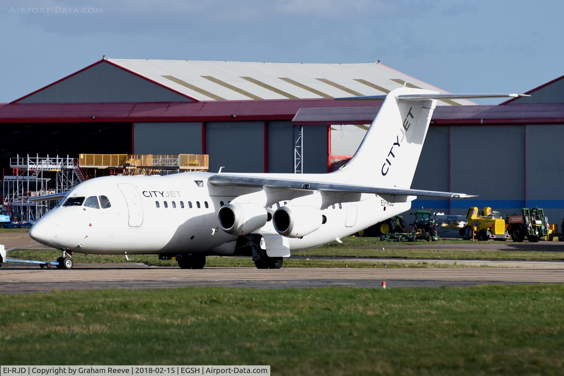 EI-RJD, 1998 BAE Systems Avro 146-RJ85 C/N E.2334, Under tow at Norwich.