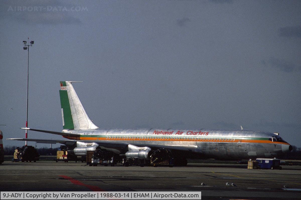 9J-ADY, 1965 Boeing 707-349C C/N 18976, National Air Charters Boeing 707-349C freighter on the platform of Schiphol-Oost, the Netherlands, 1988