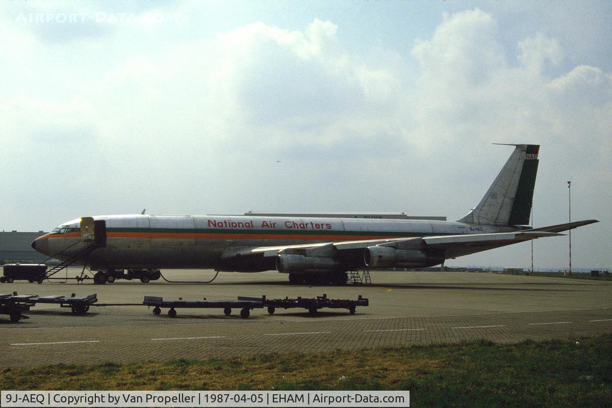9J-AEQ, 1967 Boeing 707-321C C/N 19367, National Air Charters Boeing 707-321C freighter at the platform of Schiphol-Oost, the Netherlands, 1987