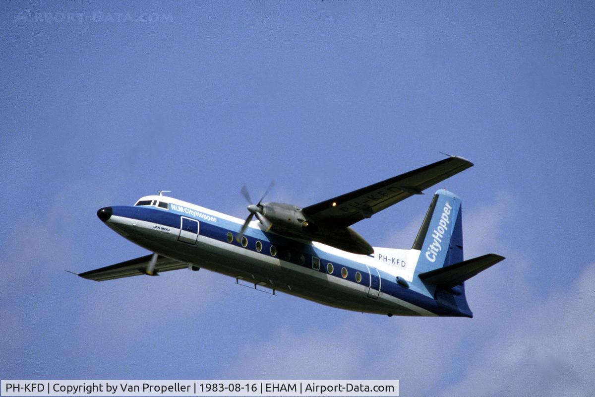 PH-KFD, 1965 Fokker F-27-200 Friendship C/N 10276, NLM CityHopper Fokker F27 climbing away from Schiphol airport, the Netherlands, 1983