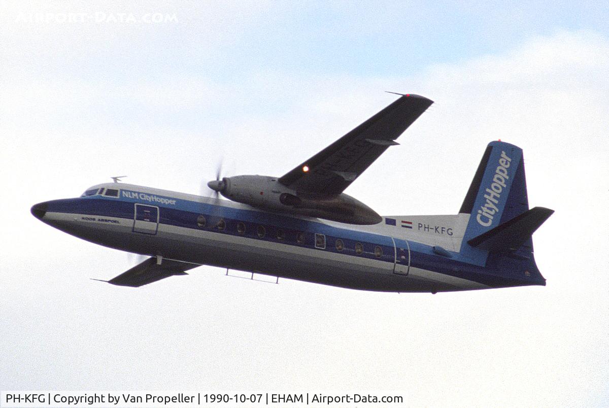 PH-KFG, 1964 Fokker F-27-200 Friendship C/N 10249, NLM CityHopper Fokker F27 climbing away from Schiphol airport, the Netherlands, 1990