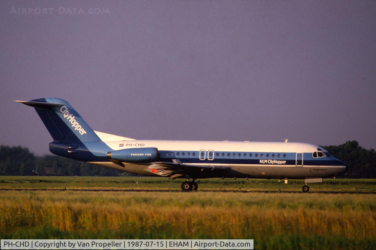 PH-CHD, 1978 Fokker F-28-4000 Fellowship C/N 11139, NLM CityHopper Fokker F28 at Schiphol airport, the Netherlands, after an evening landing, 1987
