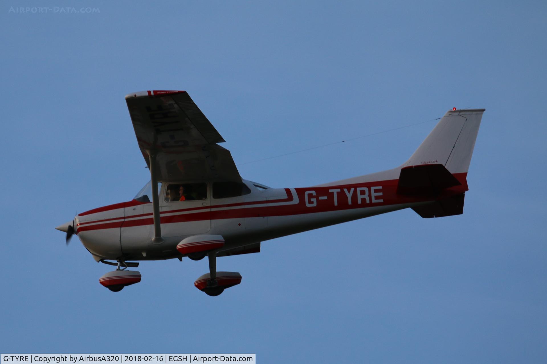 G-TYRE, 1974 Reims Cessna F172M Skyhawk C/N 1222, Landing at Norwich early evening light