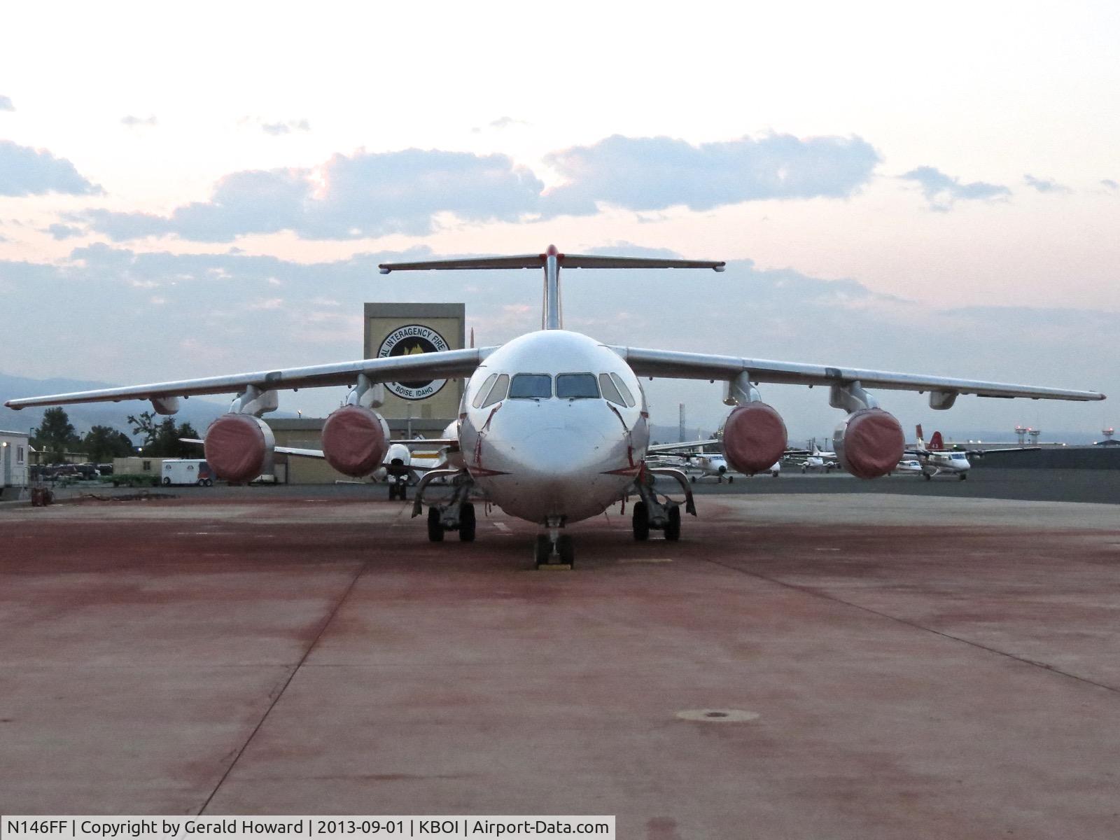 N146FF, 1986 British Aerospace BAe.146-200A C/N E2049, Sitting on the NIFC ramp just before dawn.