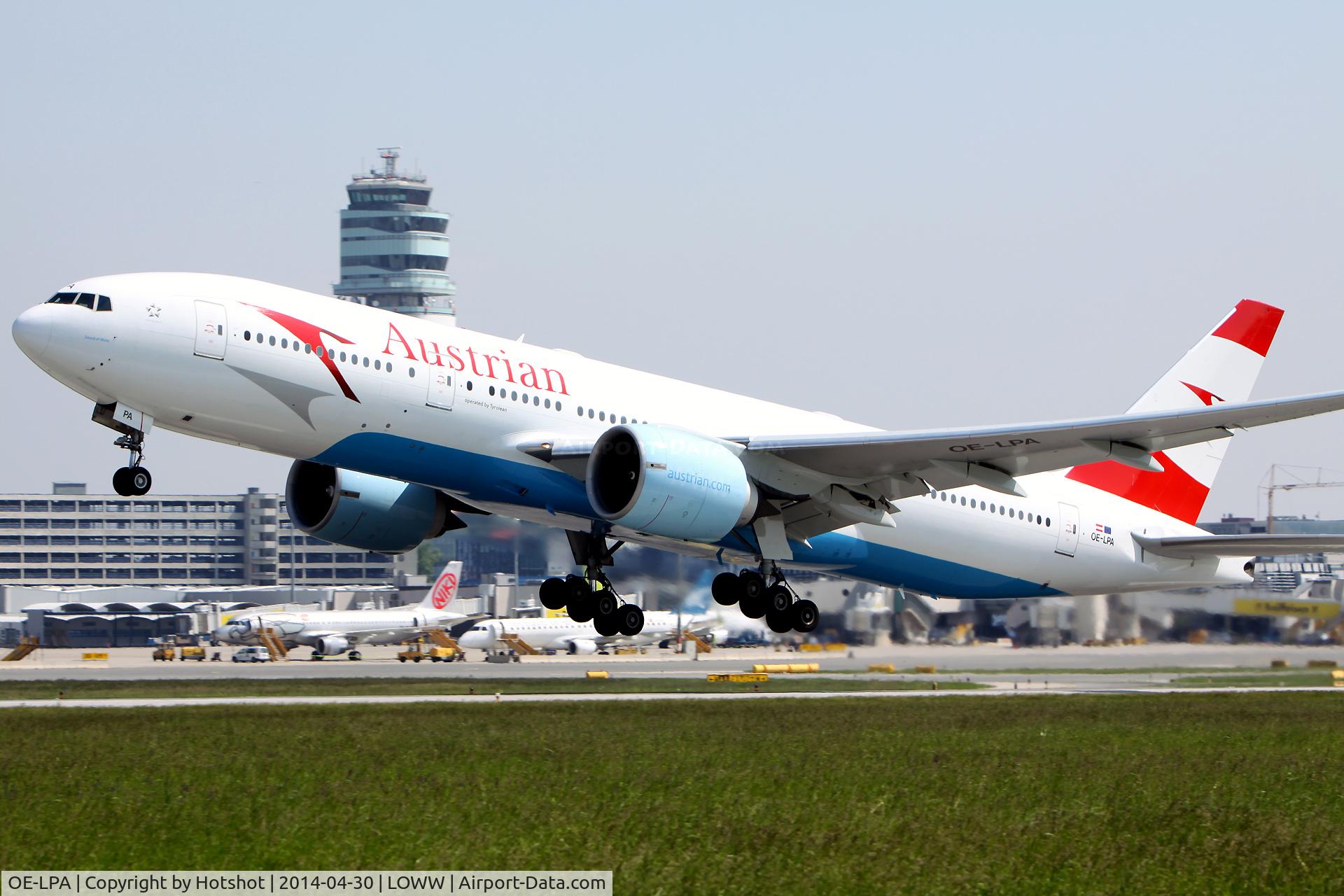OE-LPA, 1997 Boeing 777-2Z9/ER C/N 28698, Departing in front of the ATC tower