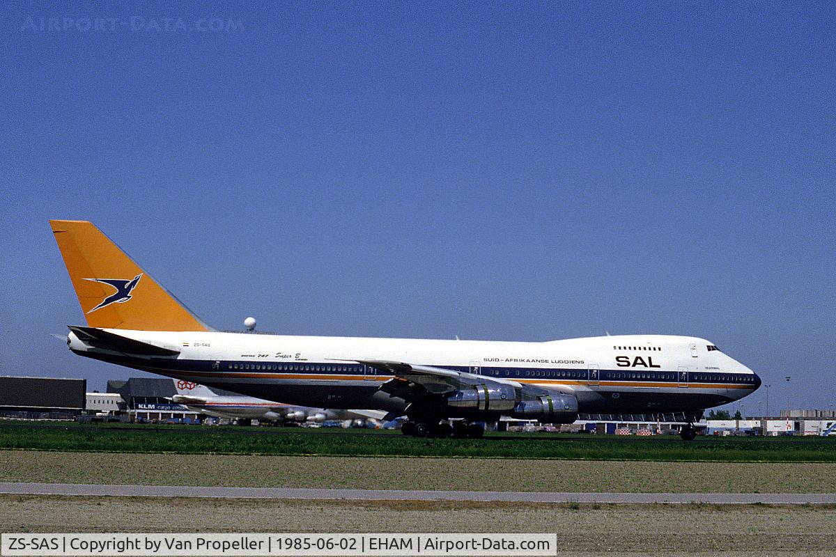 ZS-SAS, 1980 Boeing 747-244B C/N 22171, South African Airways Boeing 747-244B landing at Schiphol airport, the Netherlands, 1985
