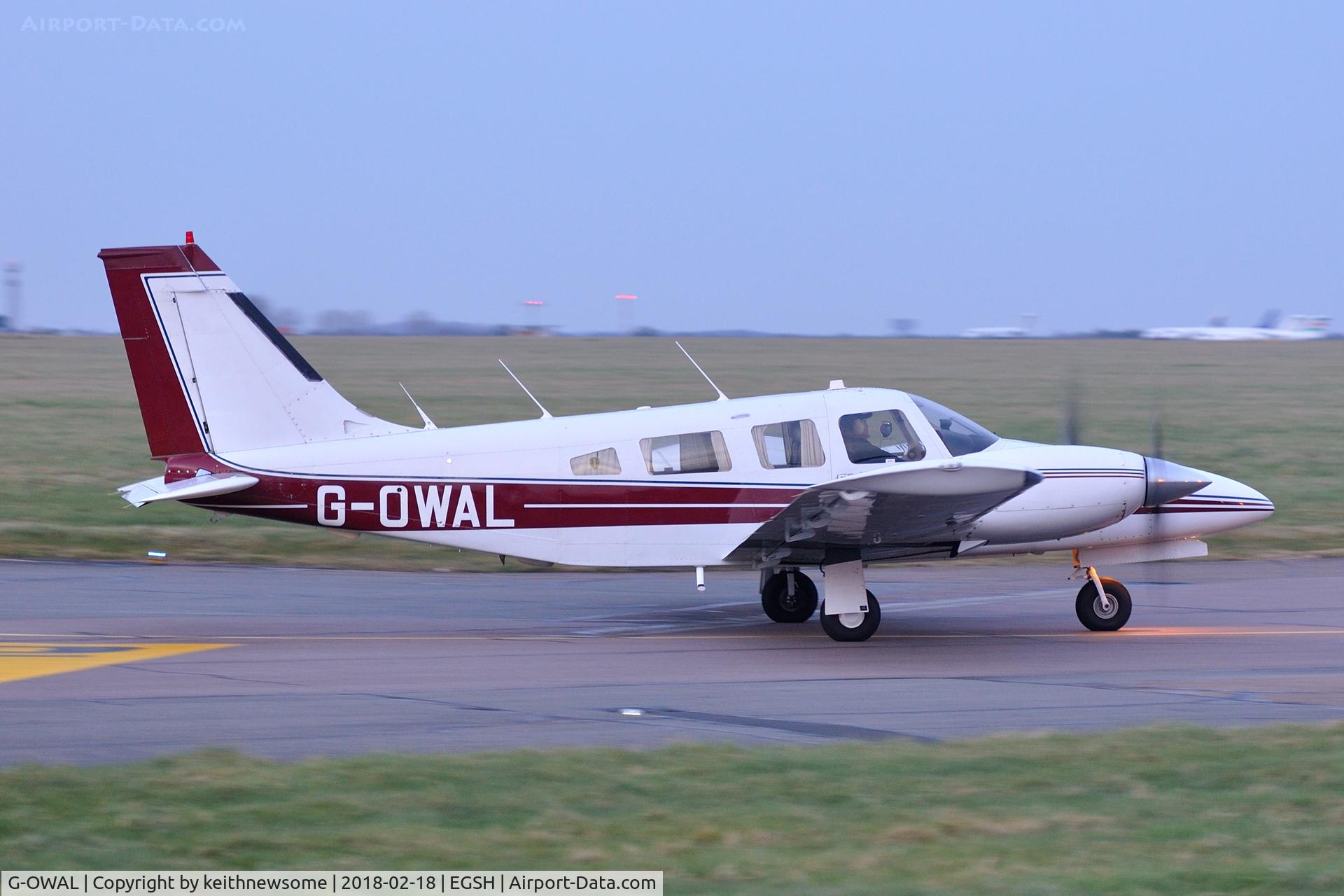 G-OWAL, 1993 Piper PA-34-220T Seneca III C/N 34-48030, Leaving Norwich at twilight.