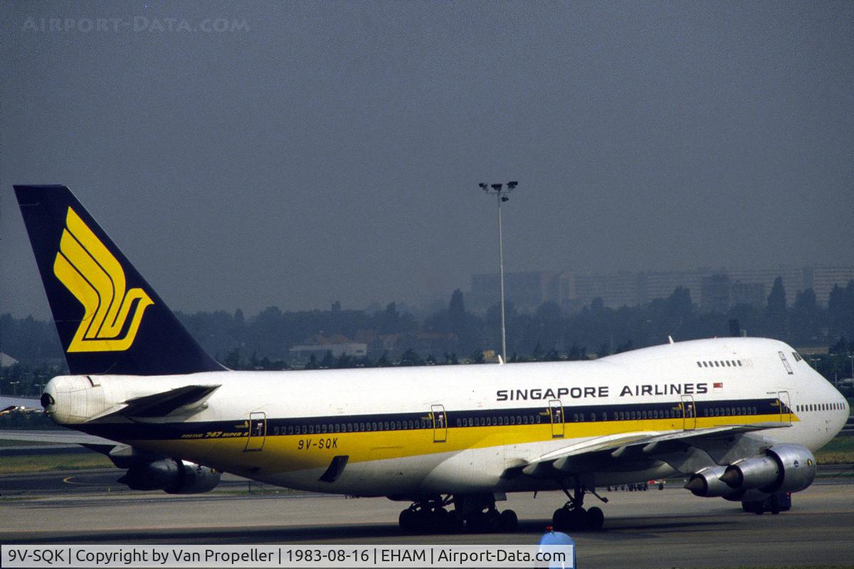 9V-SQK, 1979 Boeing 747-212B C/N 21936, Singapore Airlines Boeing 747-212B taxiing at Schiphol airport, the Netherlands, 1983