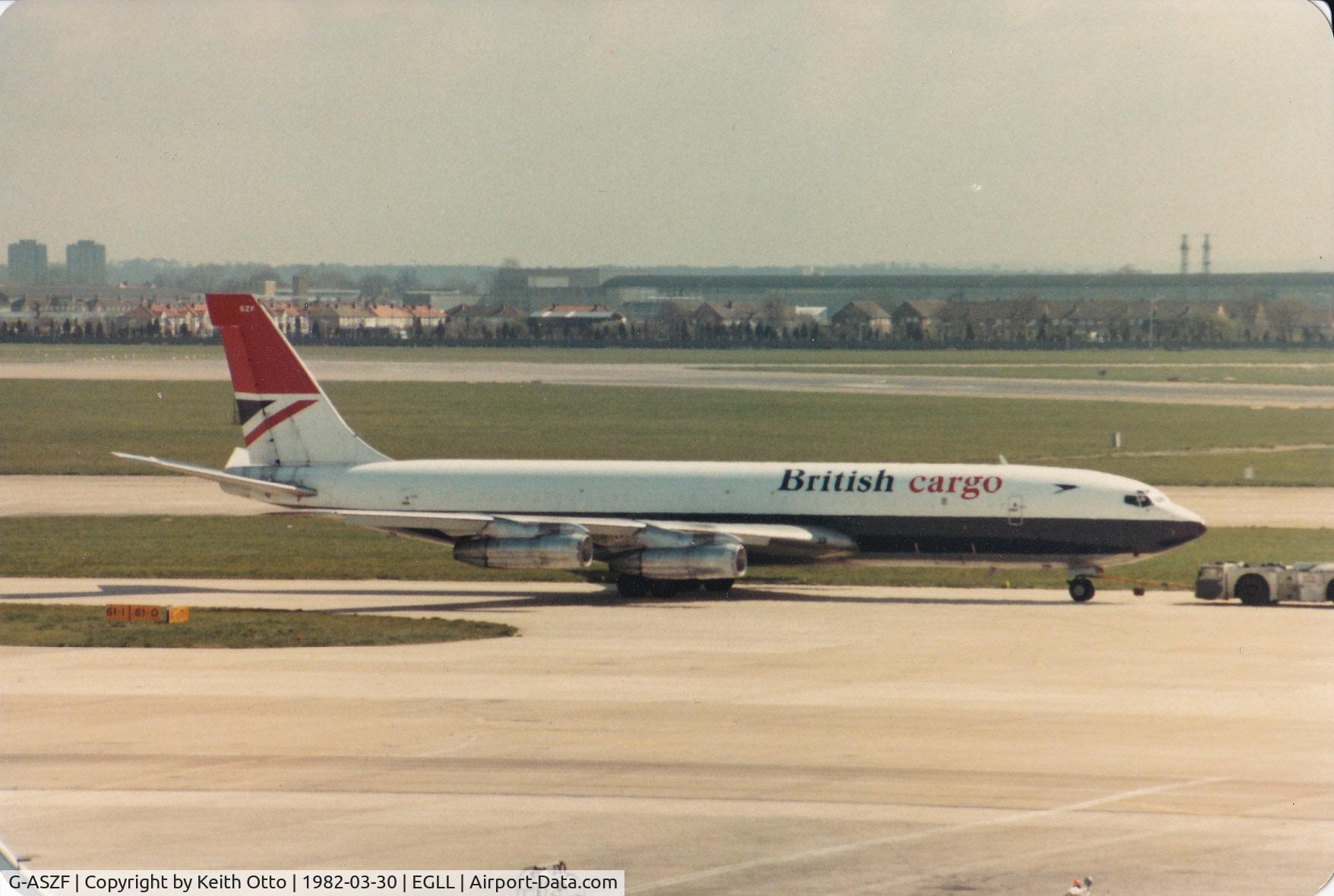 G-ASZF, 1965 Boeing 707-336C C/N 18924, In British Airways Cargo Colours, taxies at Heathrow