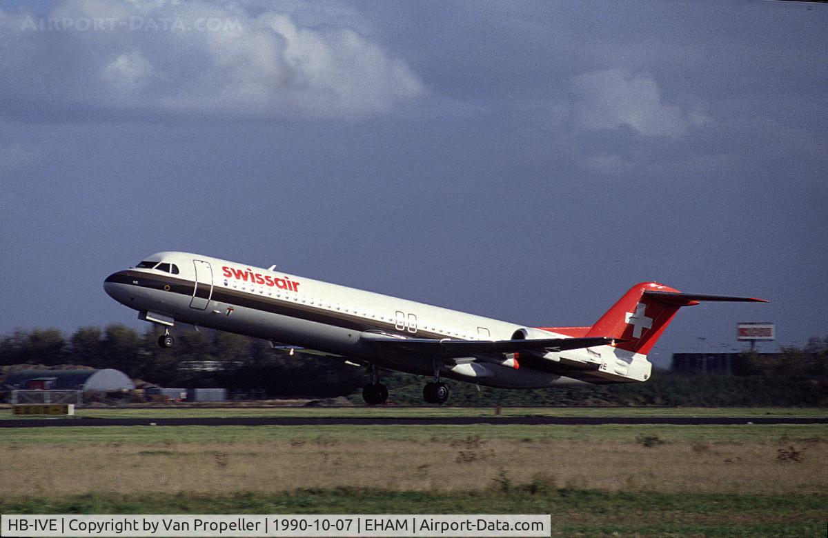 HB-IVE, 1988 Fokker 100 (F-28-0100) C/N 11253, Swissair Fokker 100 taking off from Schiphol airport, the Netherlands, 1990