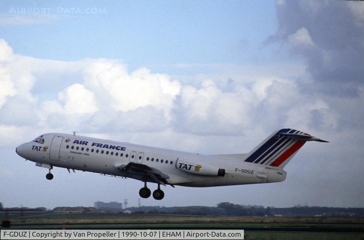 F-GDUZ, 1979 Fokker F-28-4000 Fellowship C/N 11144, TAT Fokker F28, operating for Air France, taking of from Schiphol airport, the Netherlands, 1990