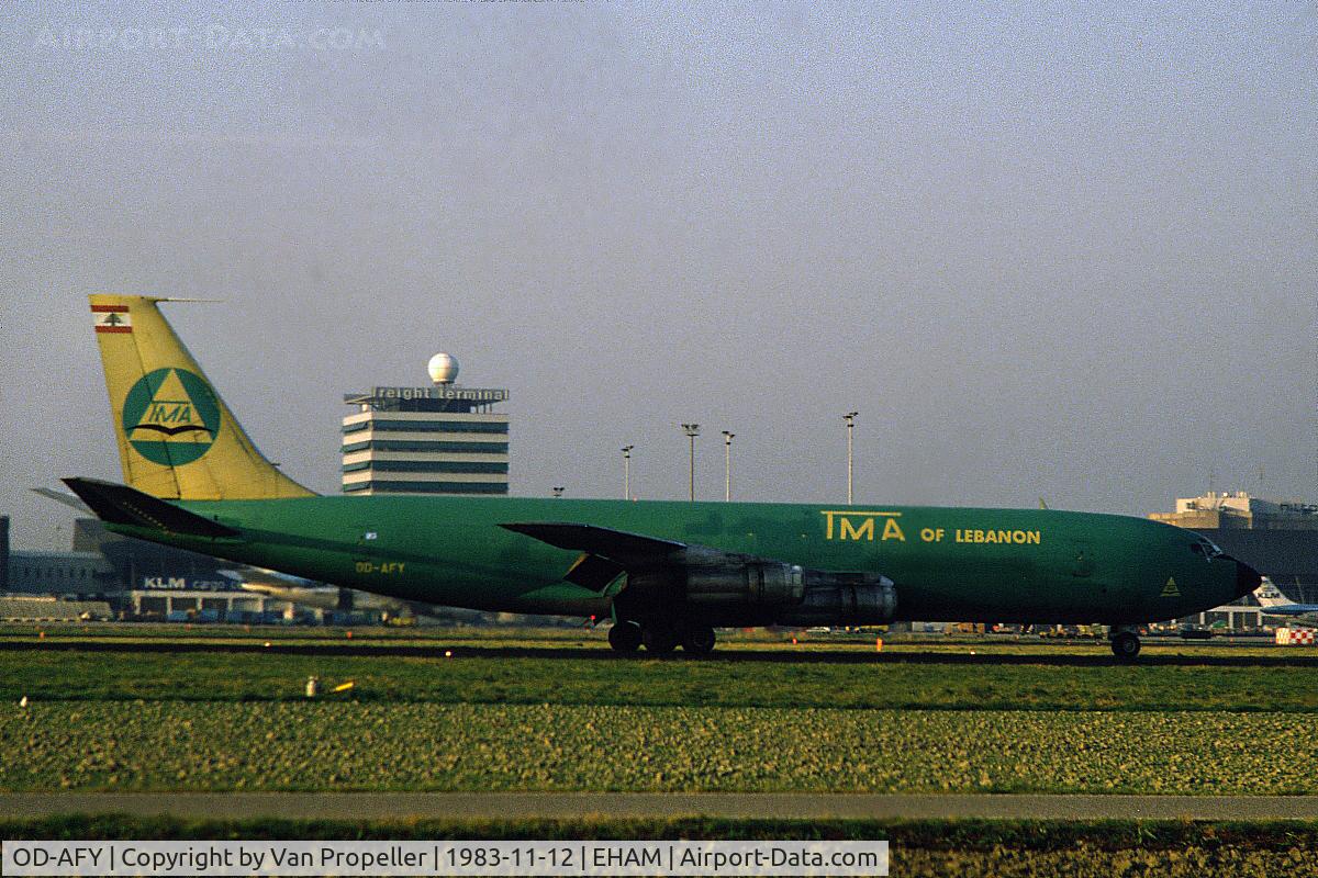 OD-AFY, 1966 Boeing 707-327C C/N 19108, TMA Boeing 707-327C freighter landing at Schiphol airport, the Netherlands, 1983
