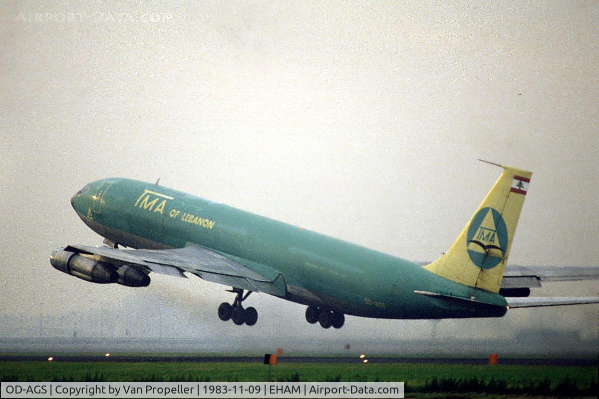 OD-AGS, 1967 Boeing 707-331C C/N 19214, TMA Boeing 707-331C freighter taking off from Schiphol airport, the Netherlands, 1983