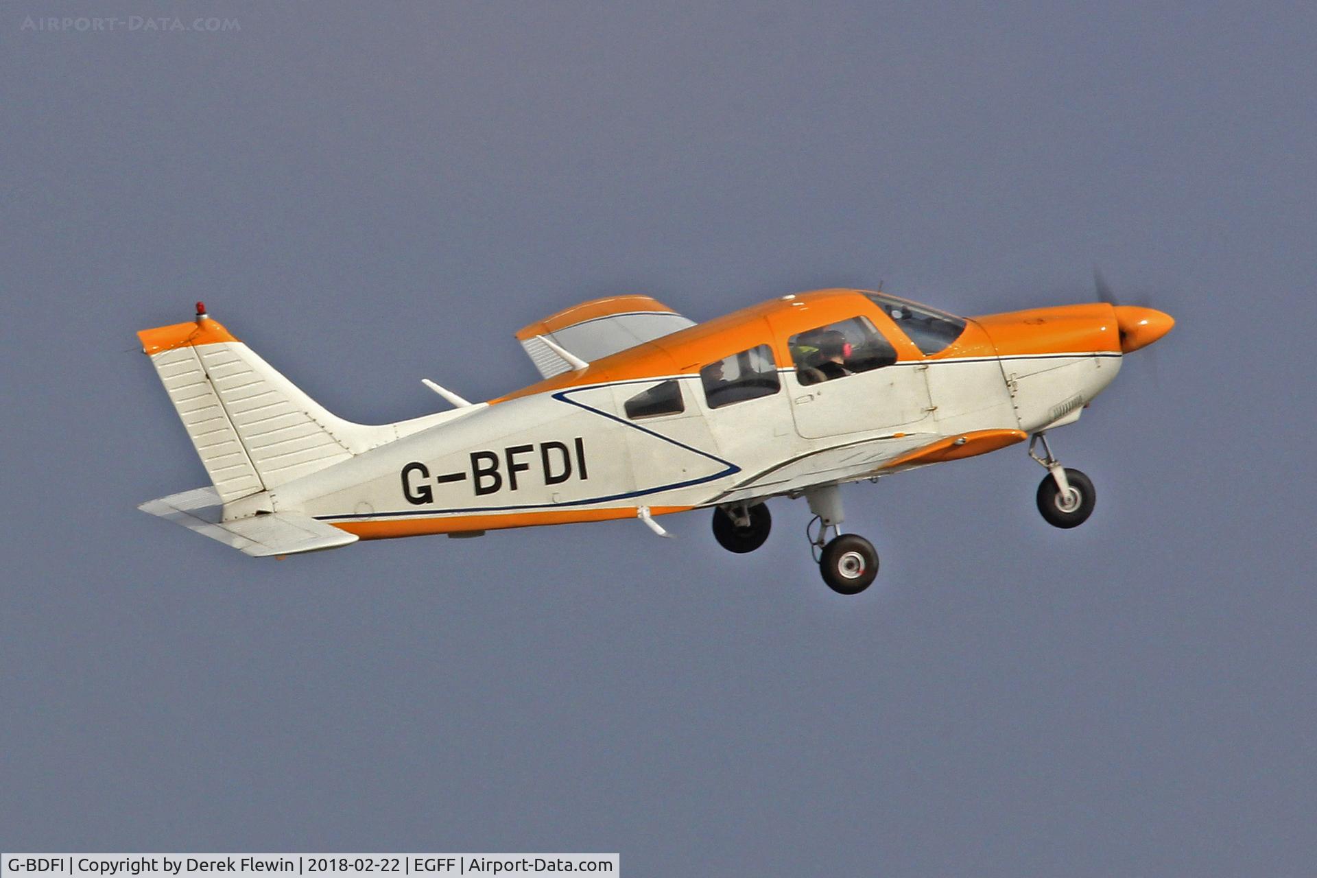 G-BDFI, 1975 Reims Cessna F150M C/N 1201, CHEROKEE ARCHER II, EGFF Resident, seen departing r12 for local flight.