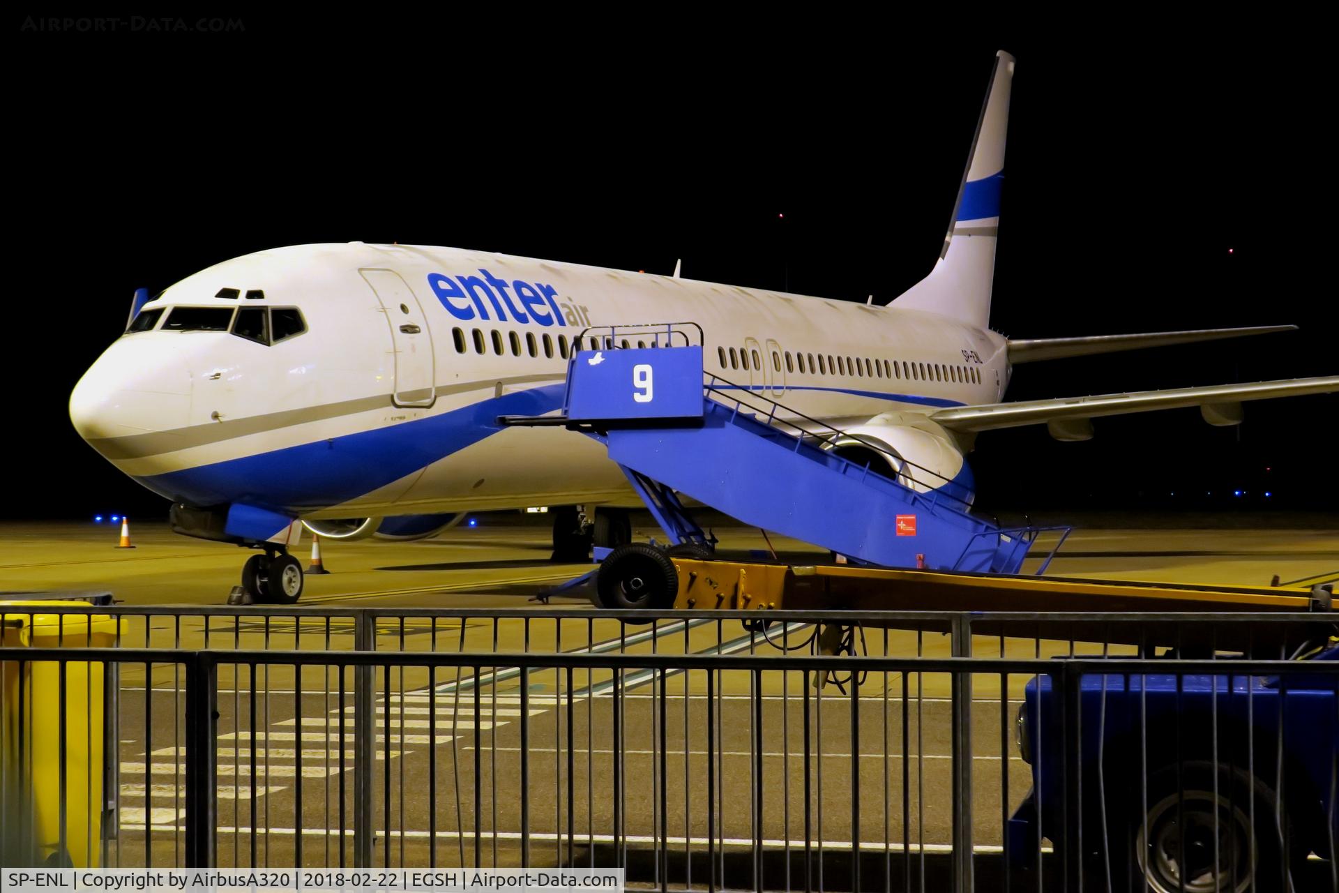 SP-ENL, 2002 Boeing 737-8CX C/N 32366, Night stopping at Norwich before operating a Northern Light flight to Iceland in the morning