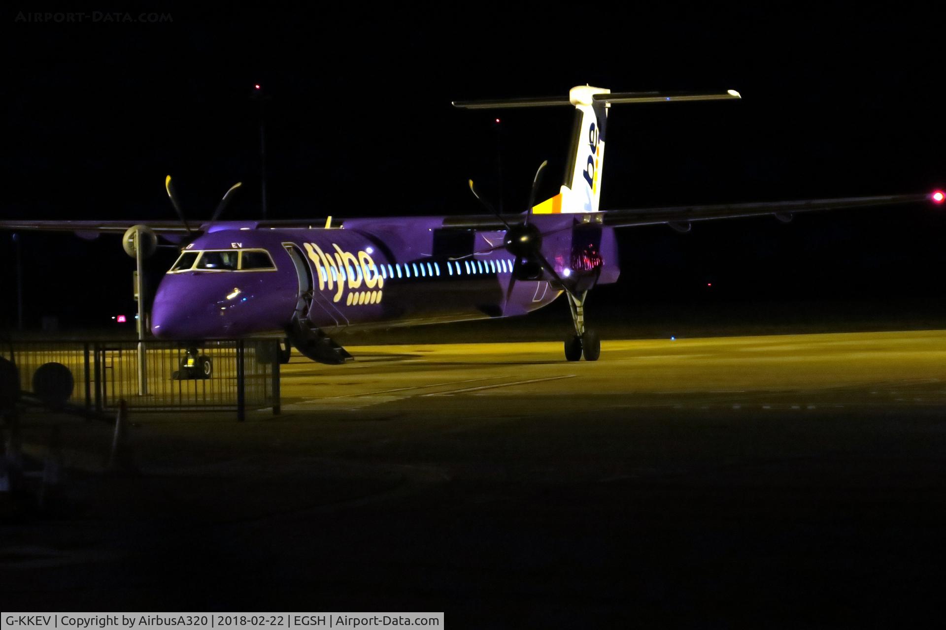 G-KKEV, 2008 De Havilland Canada DHC-8-402Q Dash 8 C/N 4201, Finally gained the purple livery, seen parked at Norwich after being rolled out earlier i
