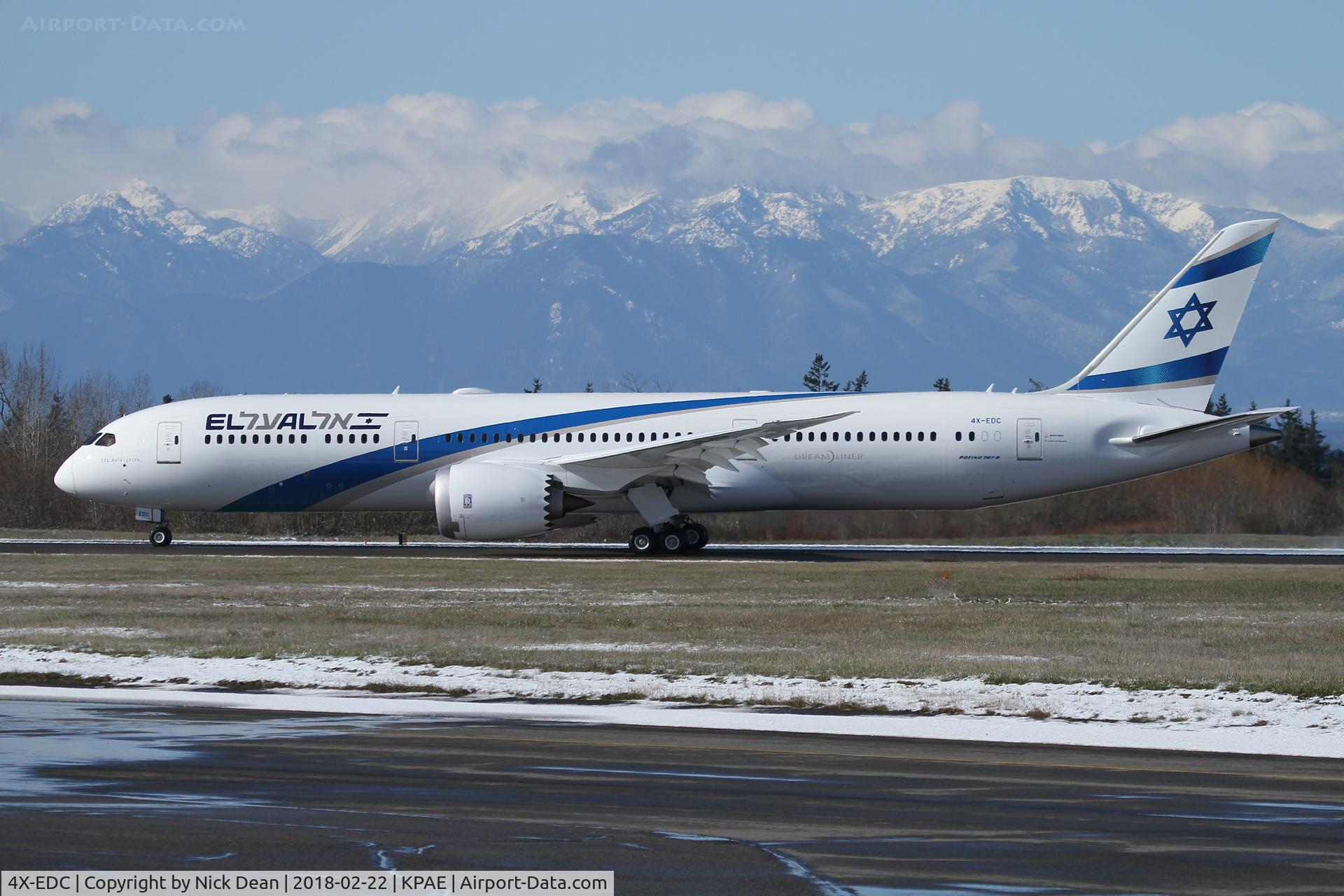4X-EDC, 2018 Boeing 787-9 Dreamliner C/N 38086, PAE/KPAE departing on delivery to Tel Aviv as ELY1789, due into Tel Aviv at 09:46 local on Feb 23rd 2018
